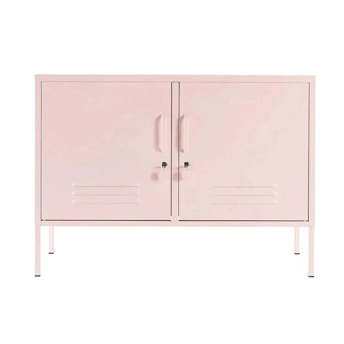 Blush pink Mustard Made Locker with double doors, locks, handles, air vents, and standing on four legs.
