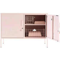 Mustard Made Locker The Lowdown Blush pink metal console with storage shelves and lockable doors