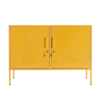yellow mustard made locker with double doors and ventilation vents on legs