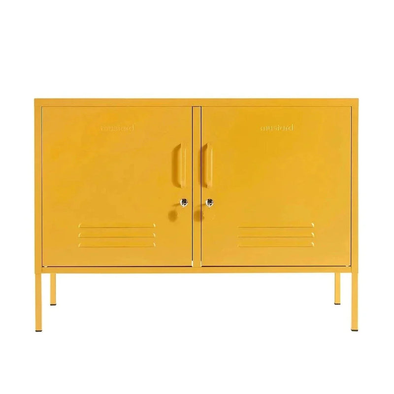 yellow mustard made locker with double doors and ventilation vents on legs