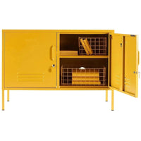 Yellow Mustard Made Locker with open doors showing adjustable shelves and wire baskets inside