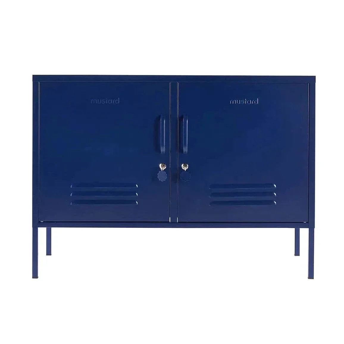 Navy Mustard Made Locker with double doors, locks, vents, and slim metal legs for storage and organization