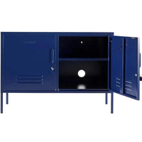 Mustard Made Locker The Lowdown Navy metal storage cabinet with adjustable shelf and cable hole