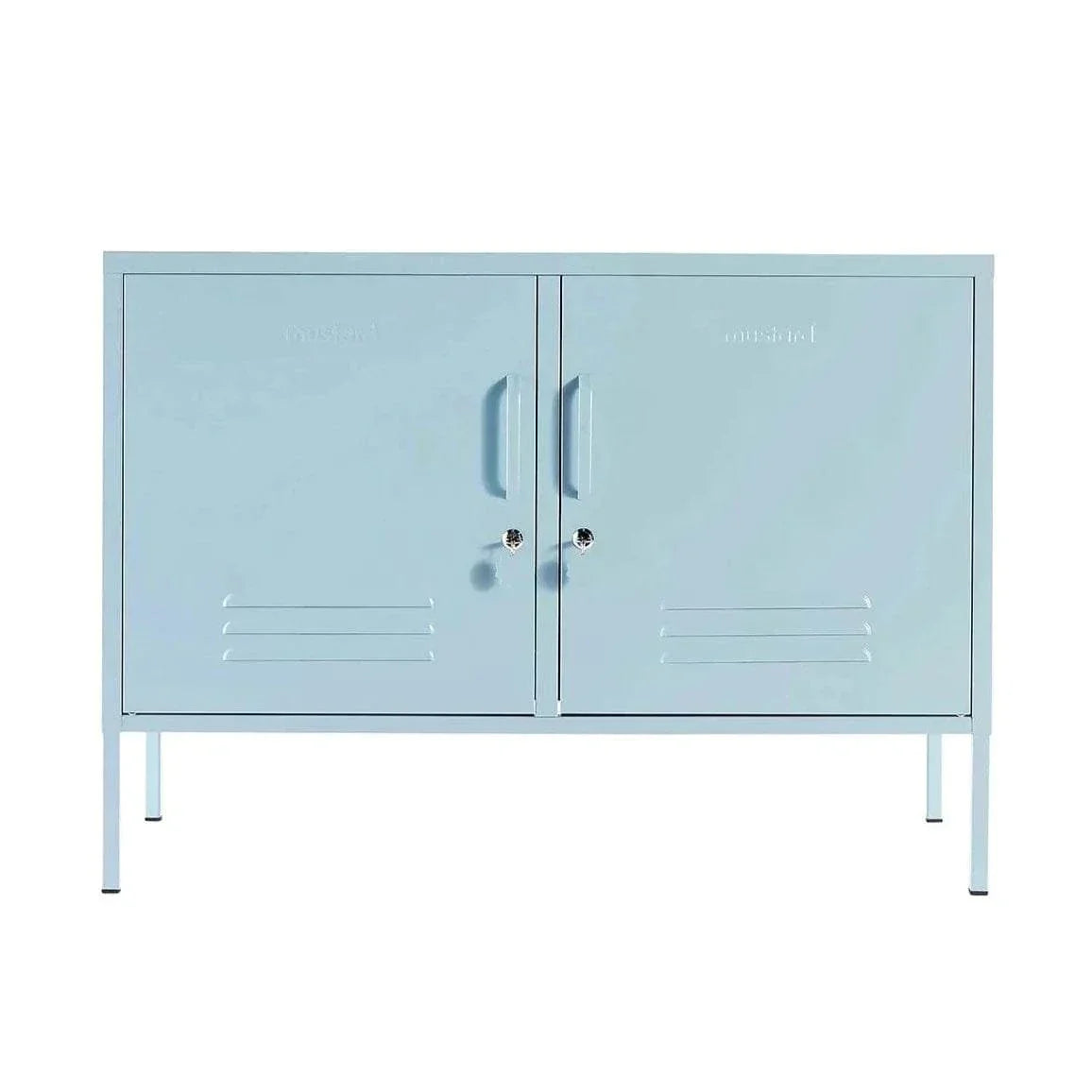Light blue Mustard Made Locker The Lowdown Ocean with two doors, handles, and locks on metal legs.