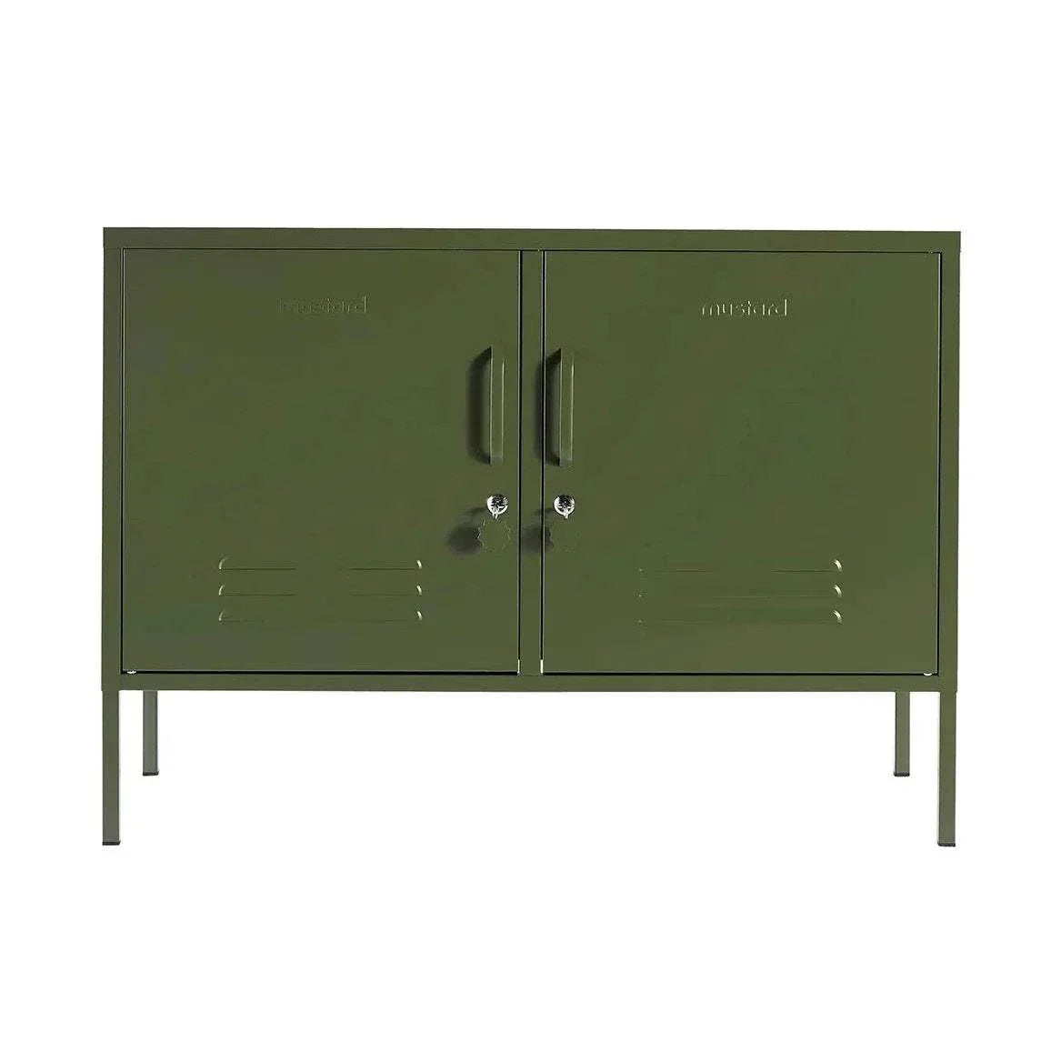 Mustard Made Locker The Lowdown Olive metal storage cabinet with double doors and locks