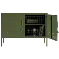 Mustard Made Locker The Lowdown Olive metal storage cabinet with adjustable shelves and locks