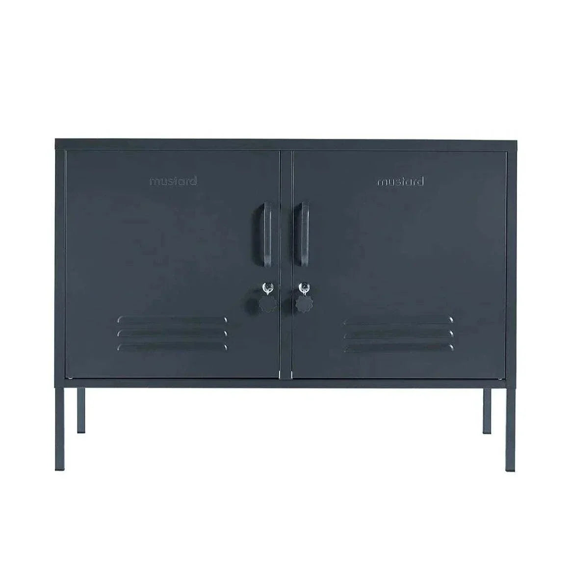Mustard Made Locker The Lowdown Slate metal storage cabinet with locks and air vents in dark slate color
