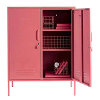 Pink Mustard Made Locker The Midi Berry with open door showing adjustable shelves and storage baskets