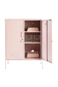 Mustard Made Locker Midi Blush with open door showing adjustable shelves and wire baskets for versatile storage
