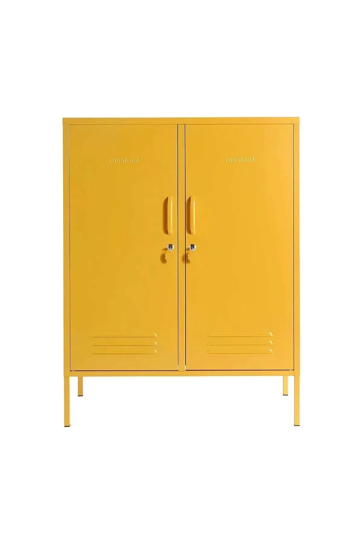 Bright yellow Mustard Made Locker with double doors, handles, locks, and ventilation vents, standing on slim legs.