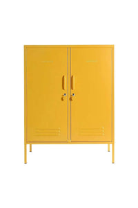 Bright yellow Mustard Made Locker with double doors, handles, locks, and ventilation vents, standing on slim legs.