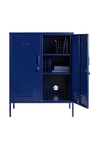 Midi navy Mustard Made Locker with open door showing adjustable shelves and interior storage features