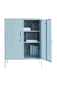 Midi Ocean Mustard Made Locker with two adjustable shelves, hooks, locks, and air vents in light blue color