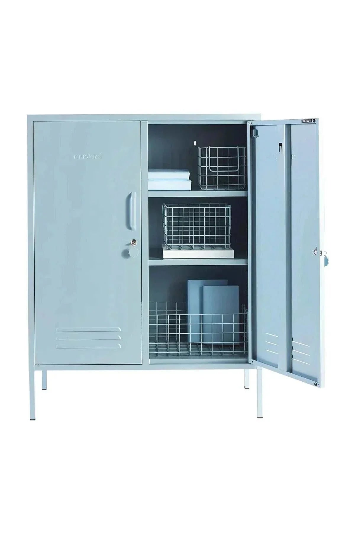 Midi Ocean Mustard Made Locker with two adjustable shelves, hooks, locks, and air vents in light blue color