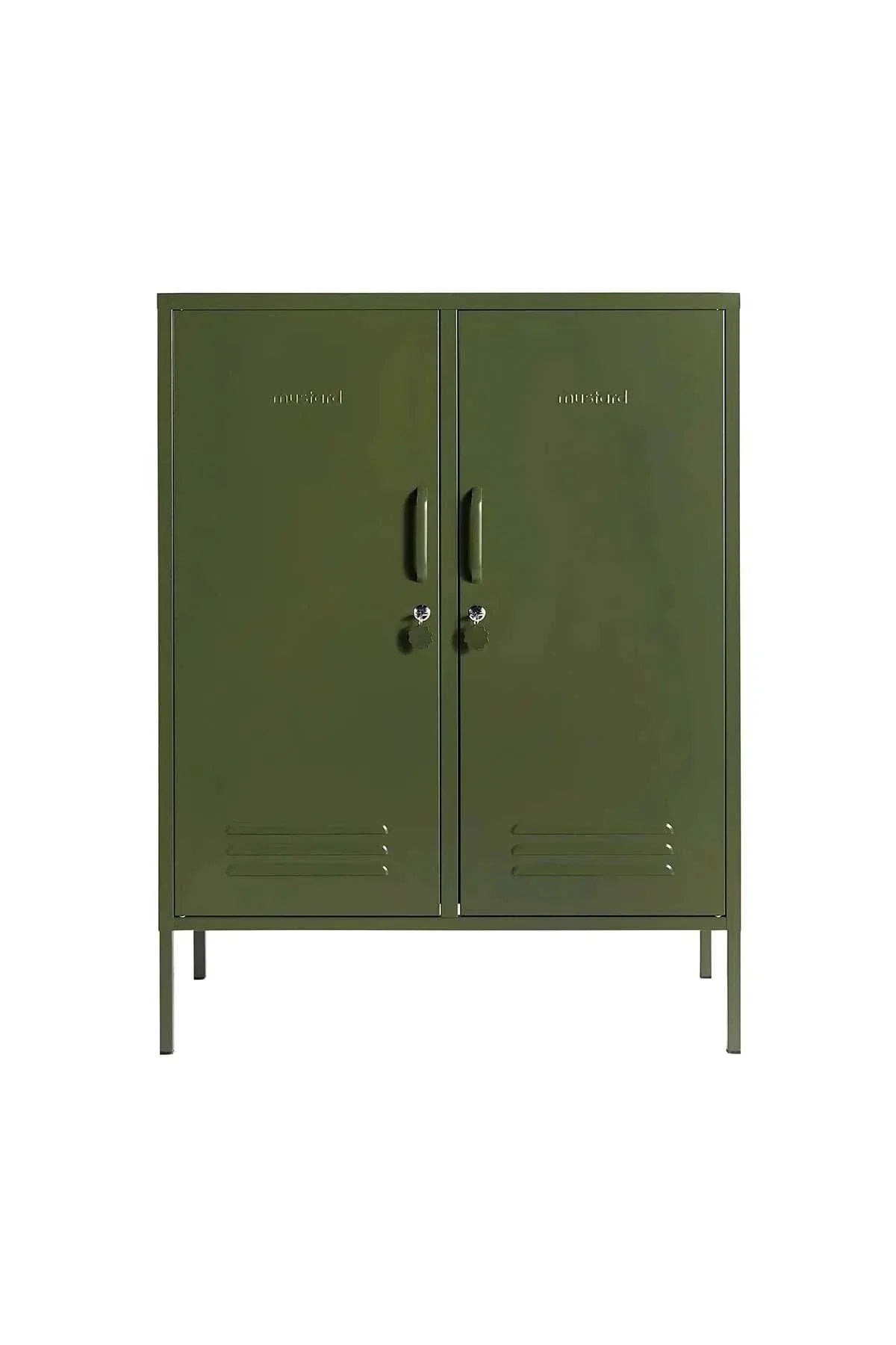 Midi Olive Mustard Made Locker with two doors, handles, locks, and air vents for versatile home storage.