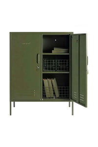 Mustard Made Locker the Midi Olive with adjustable shelves, hooks, locks, and storage baskets in green steel design