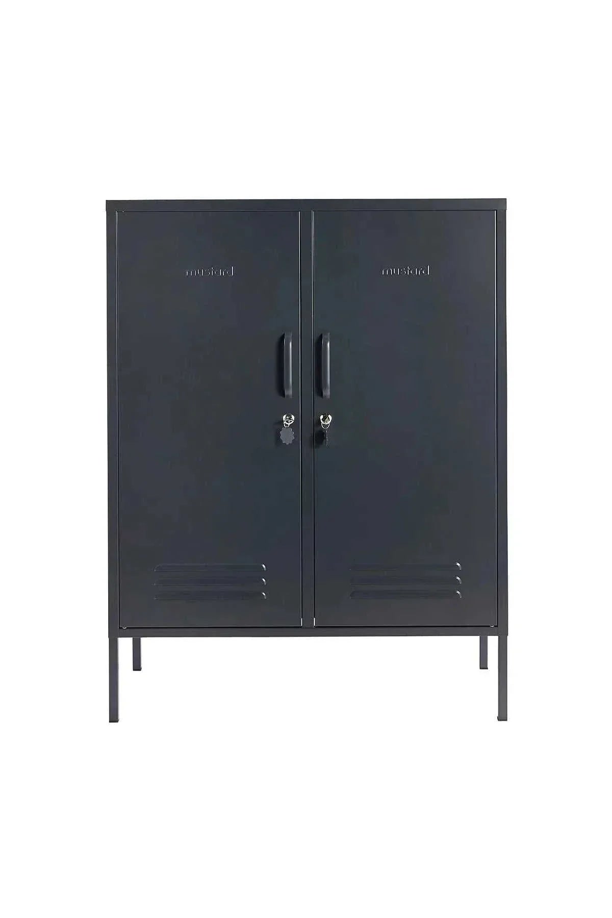 Black Midi Slate Mustard Made Locker with two doors, handles, locks, and ventilation vents.
