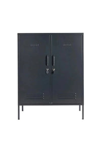 Black Midi Slate Mustard Made Locker with two doors, handles, locks, and ventilation vents.