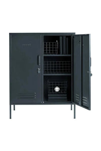 Mustard Made Locker Midi Slate with adjustable shelves, hooks, locks, air vents, and storage baskets, ideal for home organization.