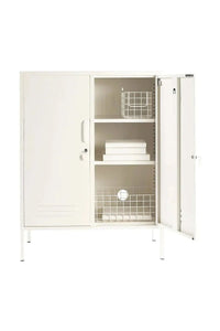 Mustard Made Locker Midi Chalk with adjustable shelves, hooks, and cable hole in soft creamy white finish