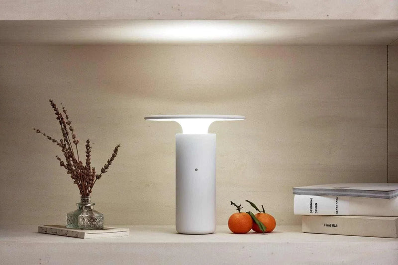 Modern Pott Nais Table Lamp in matte white, handmade ceramic rechargeable LED light for stylish home decor.