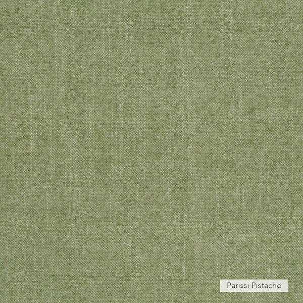 Green fabric swatch labeled Parissi Pistacho for norsu Design your Own Ottoman upholstery option
