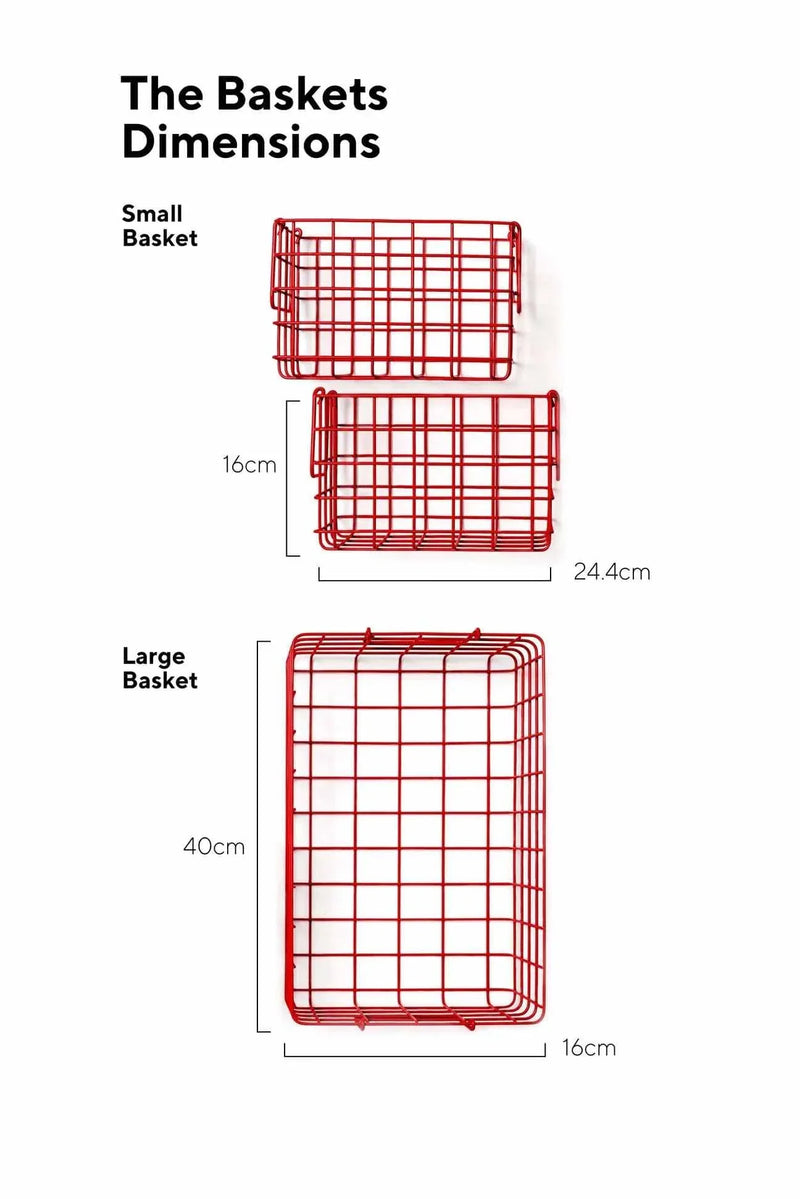 Set of red berry baskets in poppy with dimensions for small and large storage options