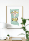 Dom Gauci Kids Art Print featuring Warheads Extreme Sour candy design in framed print displayed on wall above desk.