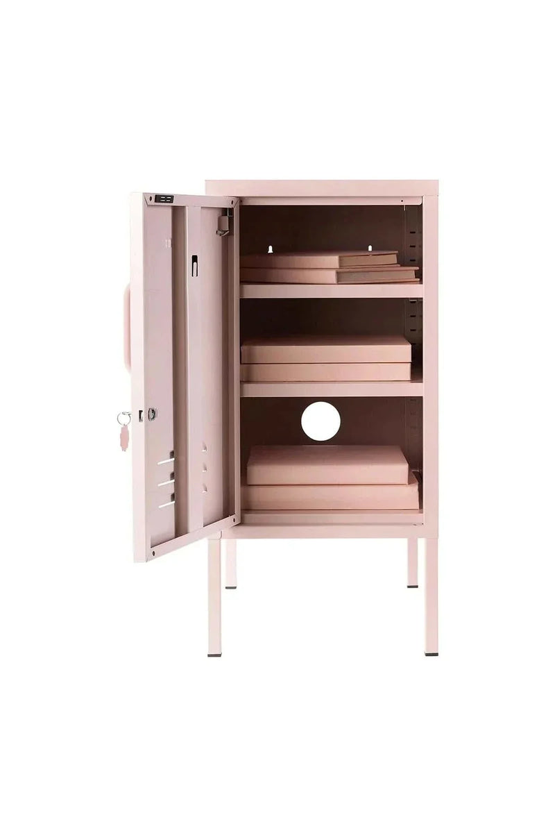 Mustard Made Locker The Shorty Blush open showing adjustable shelves and cable hole