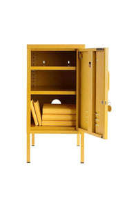 Mustard Made Locker The Shorty mustard yellow metal storage cabinet with adjustable shelves and lockable door open.