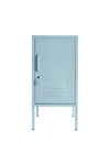 Light blue Mustard Made Locker The Shorty Ocean with lock, handle, and air vents, designed for compact storage with adjustable shelves and hook.