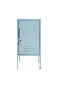 Light blue Mustard Made Locker The Shorty Ocean with lock, handle, and air vents, designed for compact storage with adjustable shelves and hook.