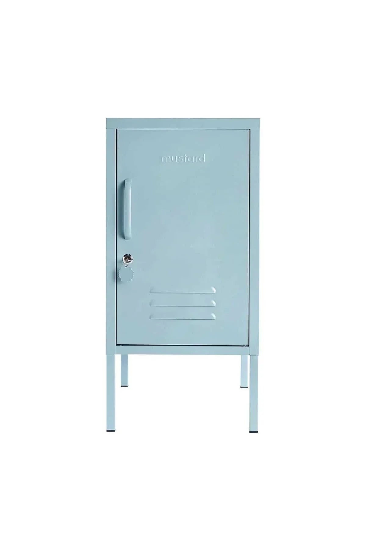 Light blue Mustard Made Locker The Shorty Ocean with lock, handle, and air vents, designed for compact storage with adjustable shelves and hook.