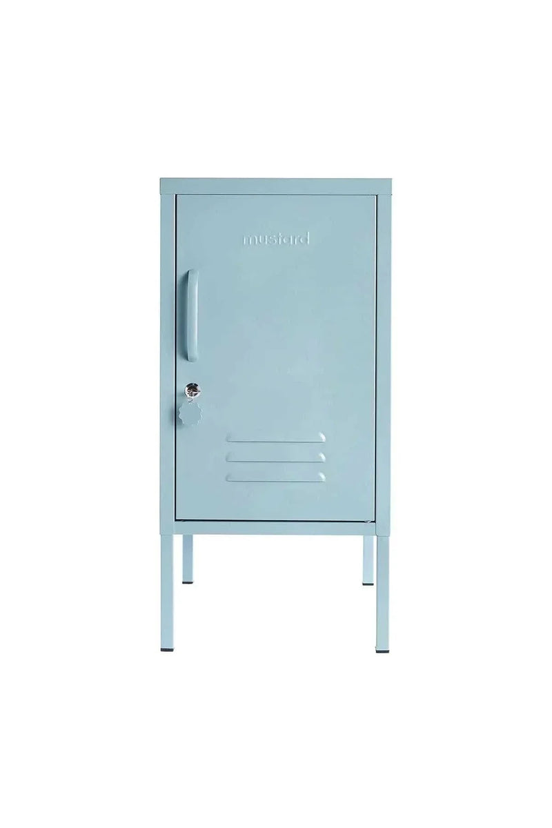 Light blue Mustard Made Locker The Shorty Ocean with lock, handle, and air vents, designed for compact storage with adjustable shelves and hook.