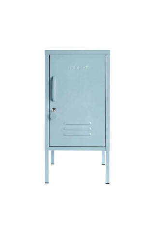 Light blue Mustard Made Locker The Shorty Ocean with lock, handle, and air vents, designed for compact storage with adjustable shelves and hook.
