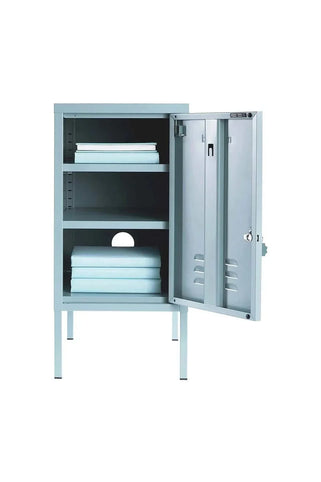 Mustard Made Locker The Shorty Ocean metal locker with open door, adjustable shelves, and storage items inside