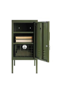 Mustard Made Locker The Shorty Olive with adjustable shelves, hook, lock, air vents, and keyring in olive green
