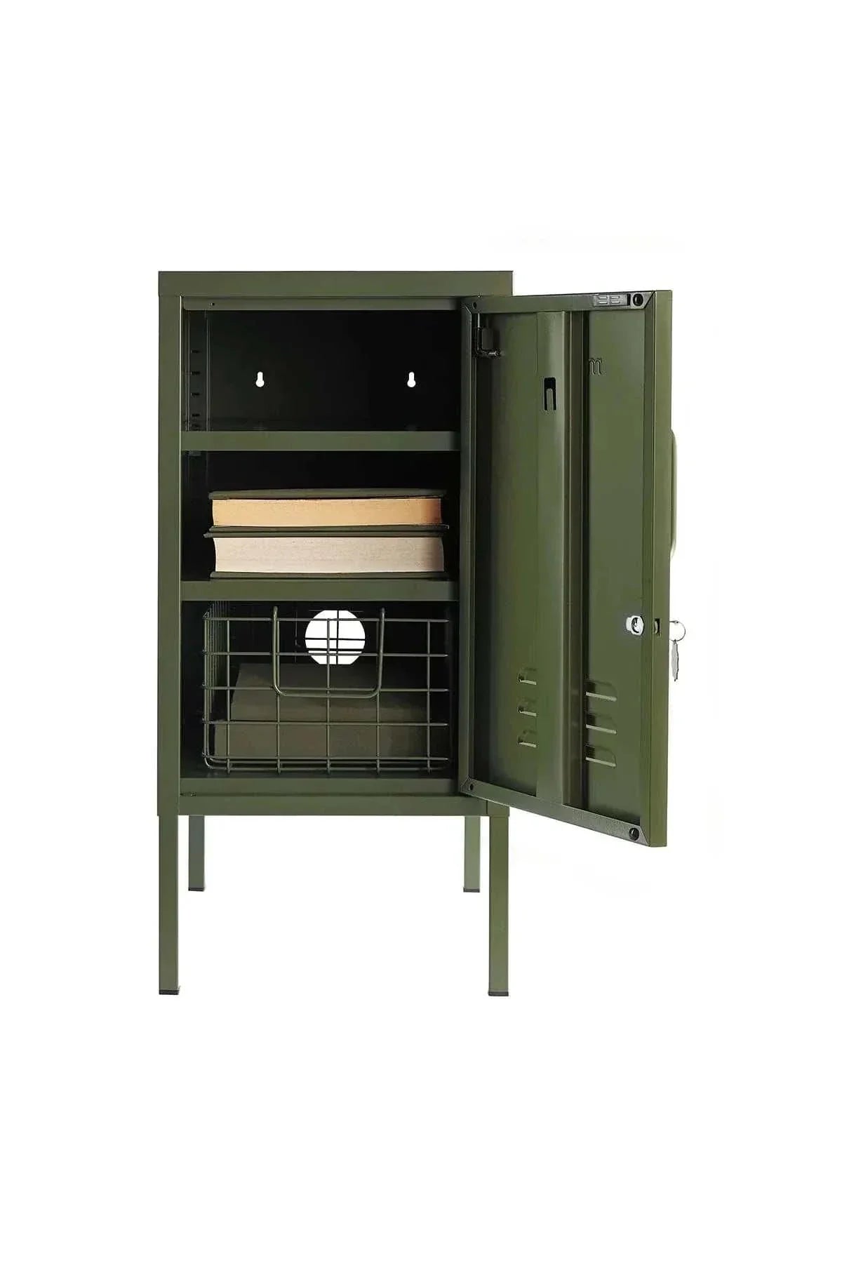 Mustard Made Locker The Shorty Olive with adjustable shelves, hook, lock, air vents, and keyring in olive green
