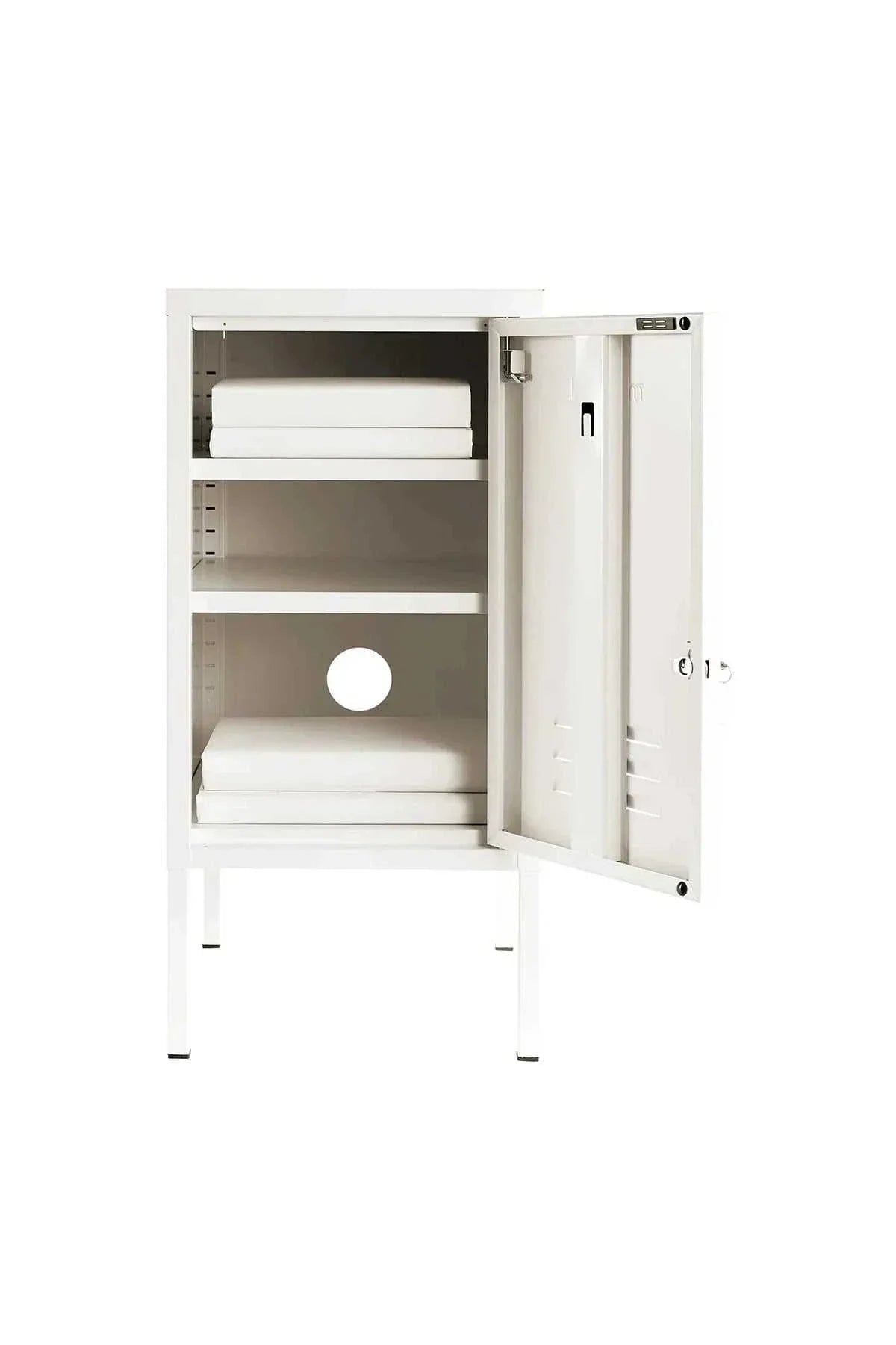 Mustard Made Locker The Shorty Chalk white metal locker with adjustable shelves and lock open door