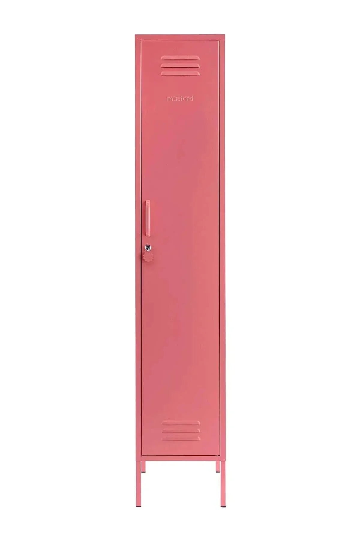 Slim pink Mustard Made Locker with lock, handle, and ventilation vents.
