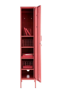 Slim tall red Mustard Made Locker with open door showing shelves and storage baskets inside
