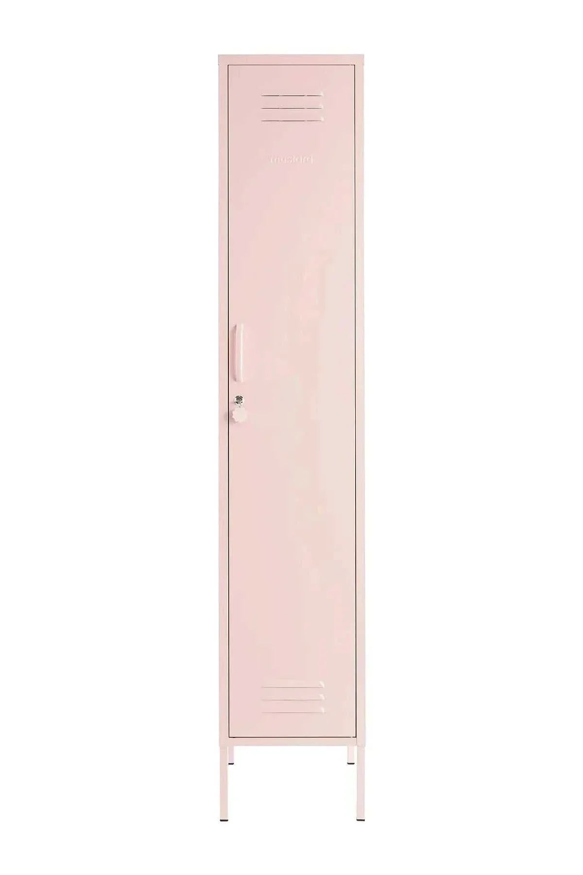 Slim pink Mustard Made Locker with lock, handle, air vents, and removable shelves for neat storage.