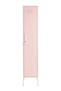 Slim pink Mustard Made Locker with lock, handle, air vents, and removable shelves for neat storage.