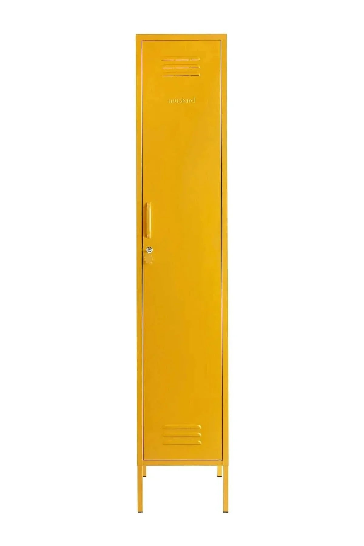 Tall slim yellow Mustard Made Locker with ventilation vents and lockable door