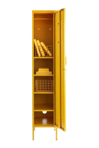Tall yellow Mustard Made Locker with open door, multiple shelves, hooks, and cable hole for organized storage.