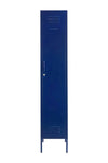 Slim navy blue Mustard Made locker with handle, lock, and ventilation vents.