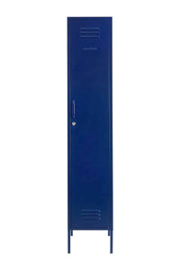 Slim navy blue Mustard Made locker with handle, lock, and ventilation vents.