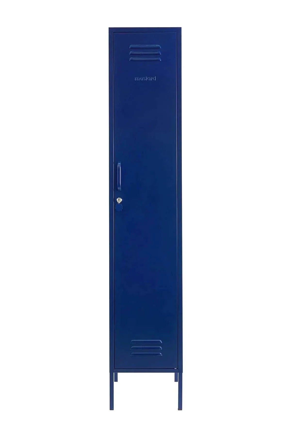 Slim navy blue Mustard Made locker with handle, lock, and ventilation vents.