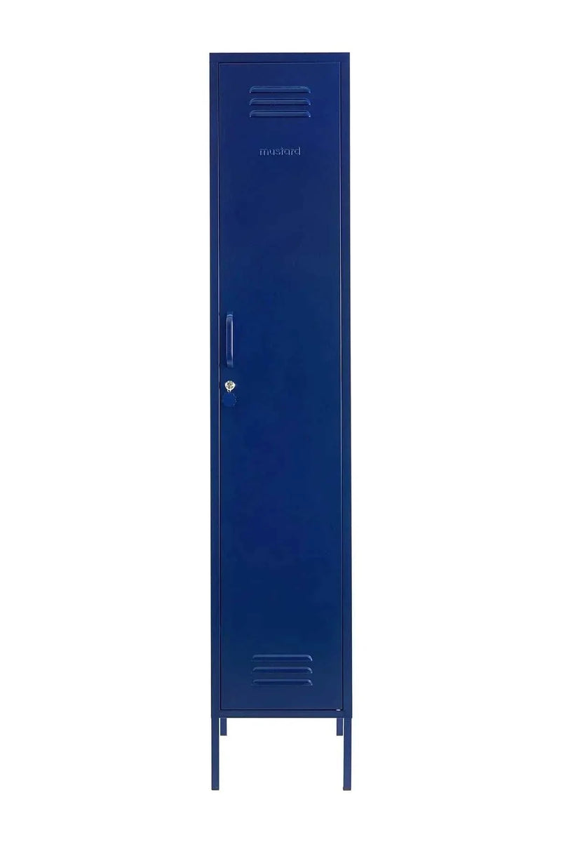 Slim navy blue Mustard Made locker with handle, lock, and ventilation vents.