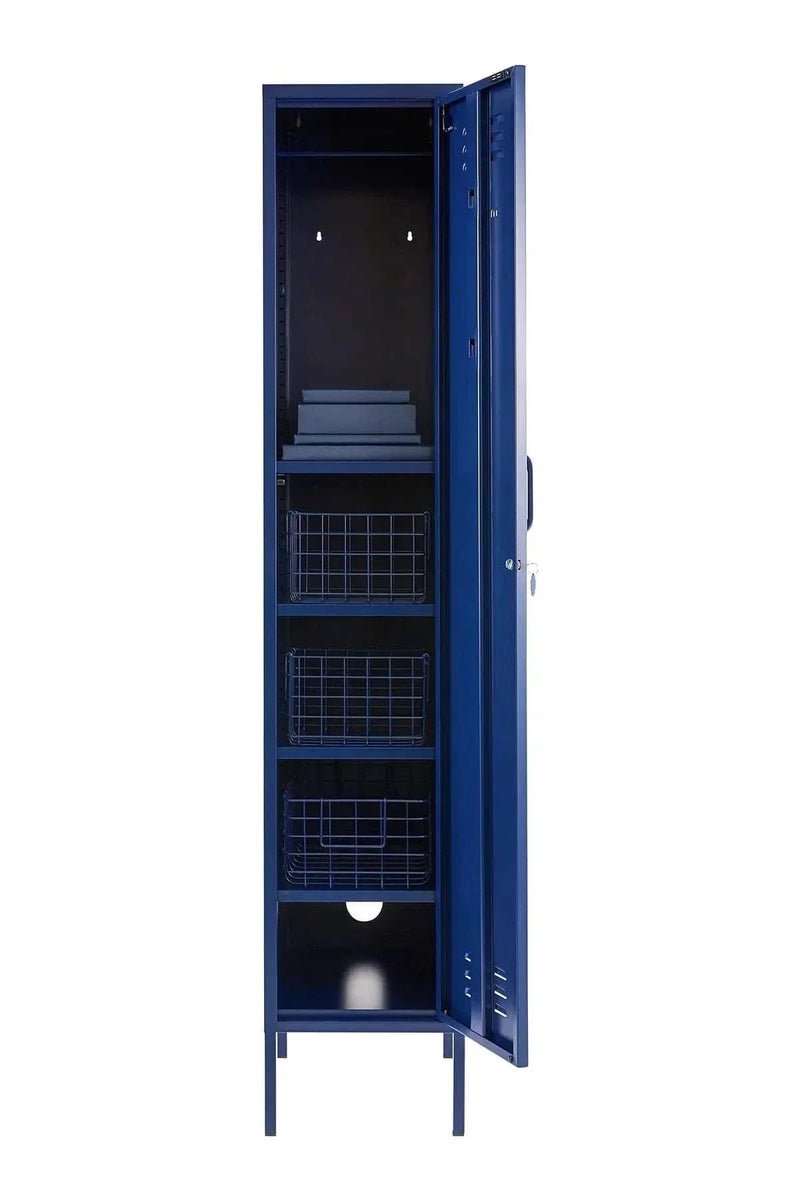 Tall navy Mustard Made Locker with open door showing shelves, hooks, and vented compartments.